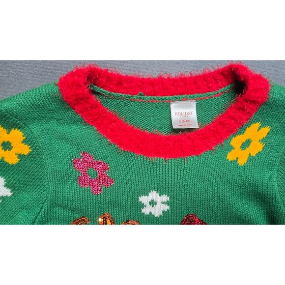 Girls Size 6 Hippie Santa Christmas Sweater Peace Love Flowers Groovy Hipster - Picture 2 of 5